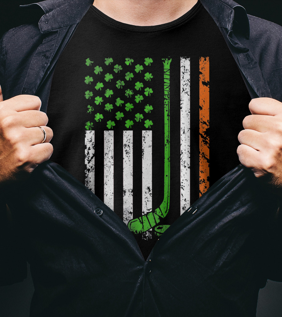 Irish American Hockey Flag With Shamrocks And Hockey Stick T-Shirt