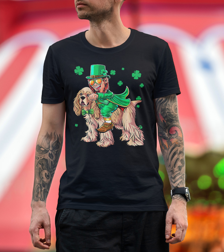 Leprechaun Riding Cocker Spaniel With Shamrocks T-Shirt