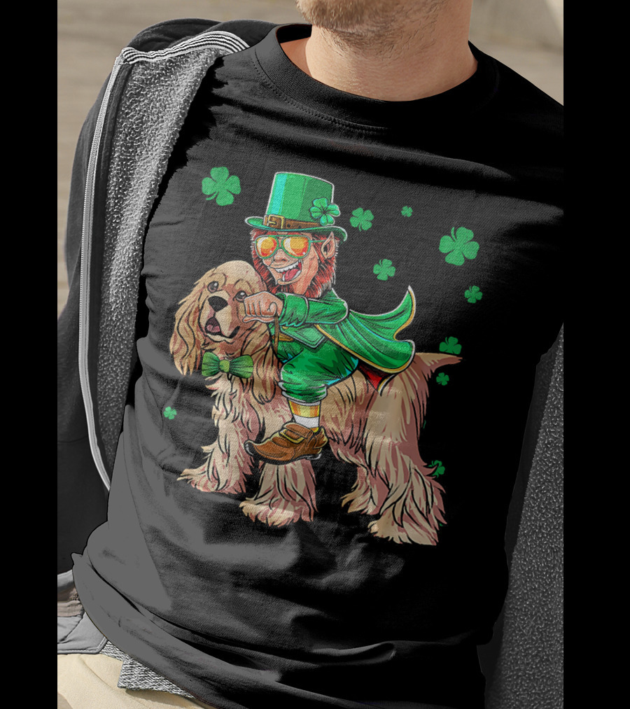 Leprechaun Riding Cocker Spaniel With Shamrocks T-Shirt