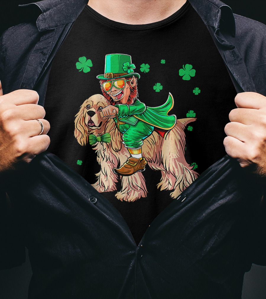 Leprechaun Riding Cocker Spaniel With Shamrocks T-Shirt