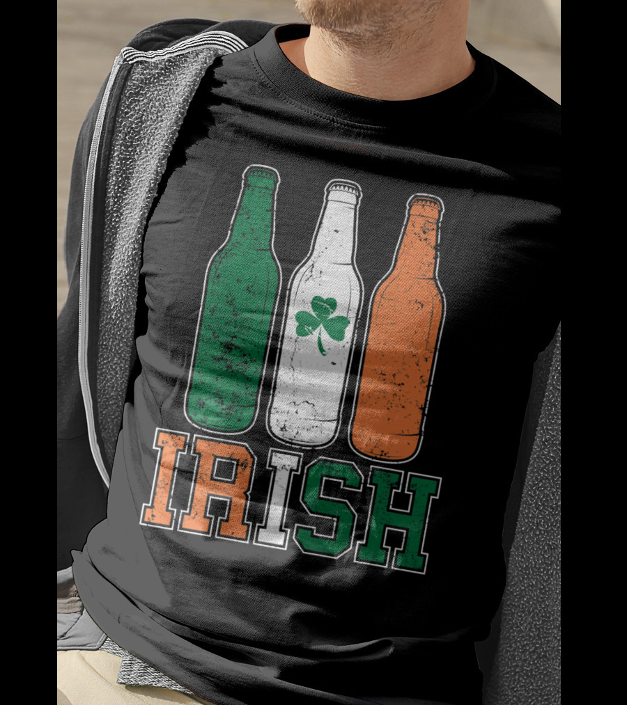 IRISH St Paddys Day Drinking Bottles With Shamrock Flag T-Shirt