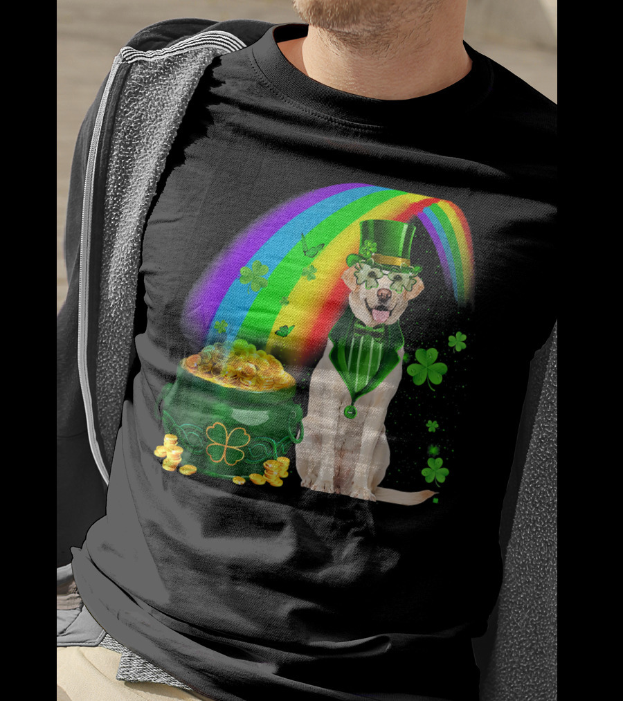 Labrador Dog Leprechaun With Rainbow Coins And Shamrock Saint Patrick's Day Irish Charm T-Shirt