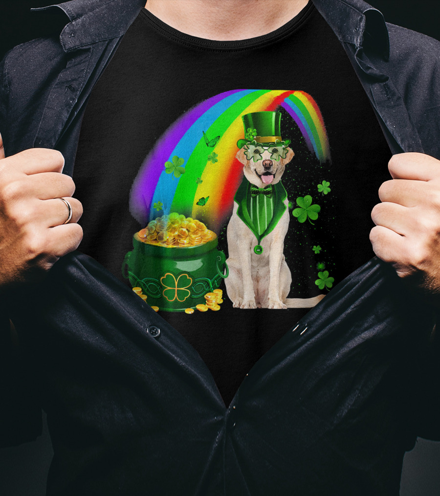 Labrador Dog Leprechaun With Rainbow Coins And Shamrock Saint Patrick's Day Irish Charm T-Shirt