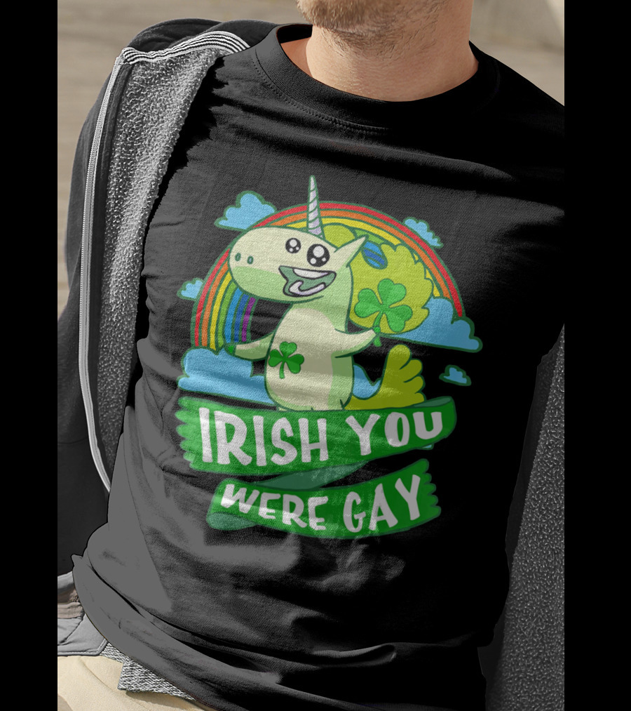 Unicorn Irish You Were Gay Rainbow Shamrock Clouds T-Shirt