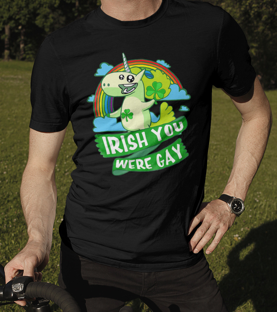 Unicorn Irish You Were Gay Rainbow Shamrock Clouds T-Shirt