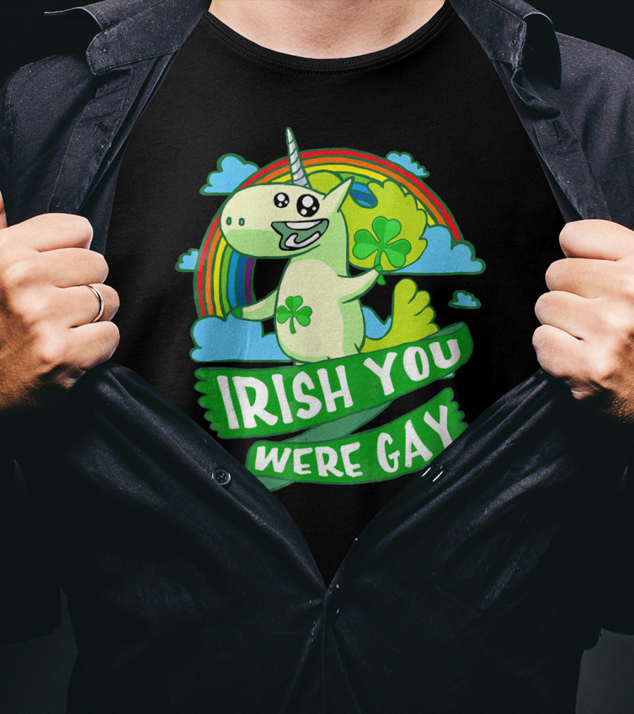 Unicorn Irish You Were Gay Rainbow Shamrock Clouds T-Shirt