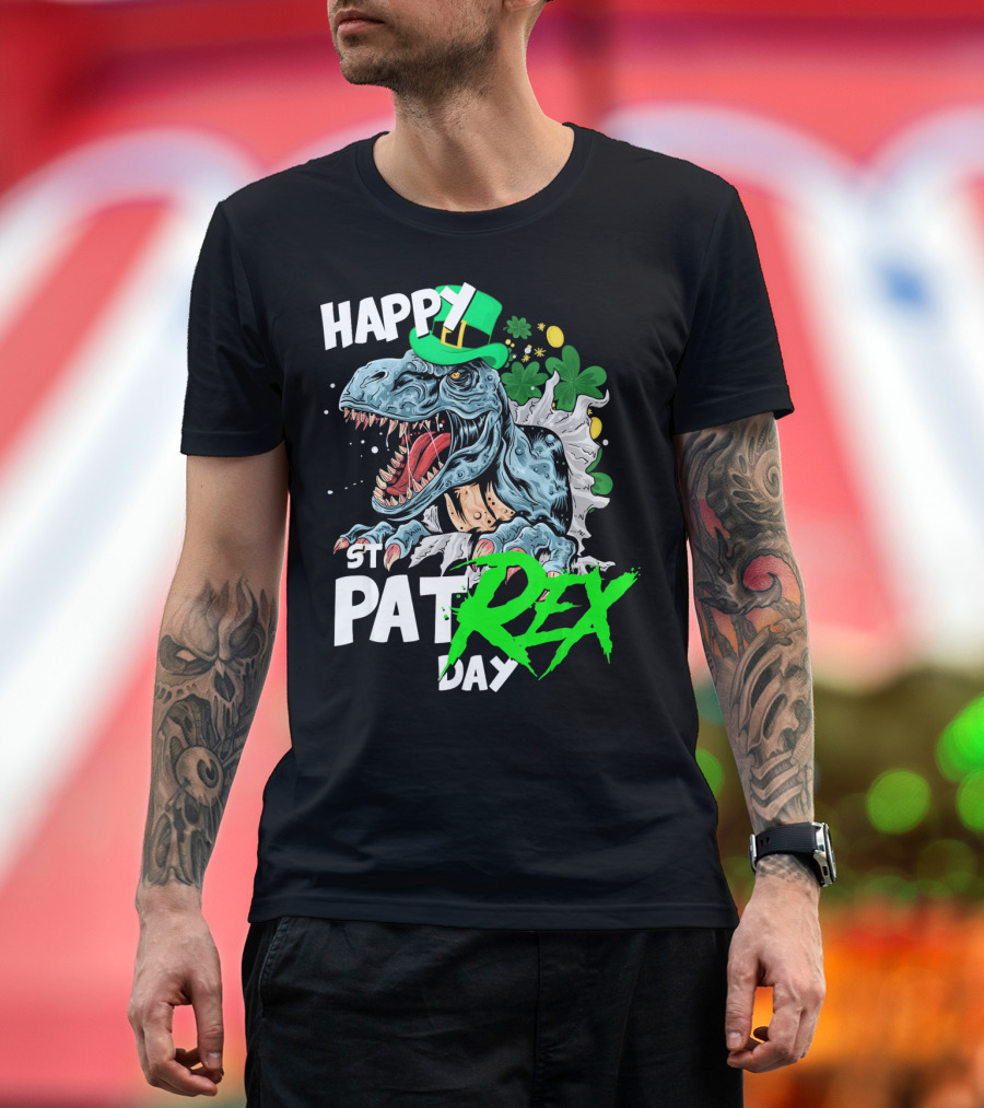 St Patricks Day Rex Happy Pat with Leprechaun Hat and Shamrocks T-Shirt