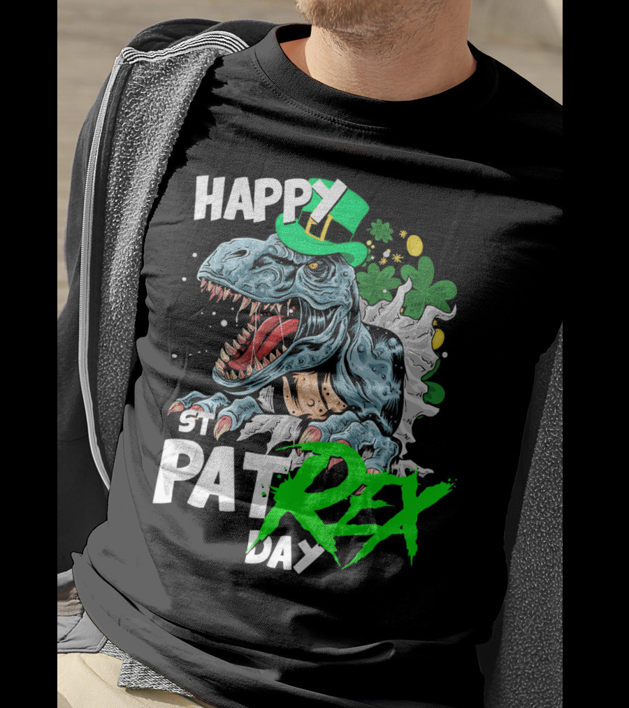 St Patricks Day Rex Happy Pat With Leprechaun Hat And Shamrocks T-Shirt