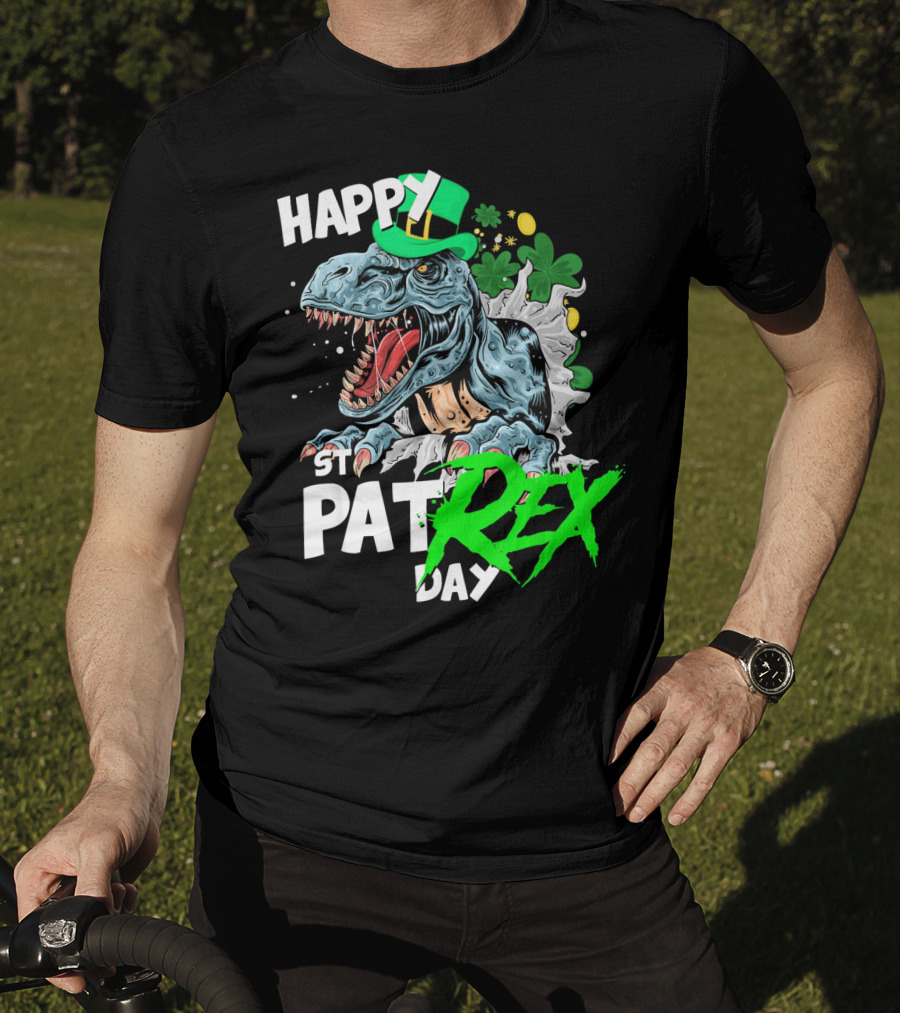 St Patricks Day Rex Happy Pat With Leprechaun Hat And Shamrocks T-Shirt