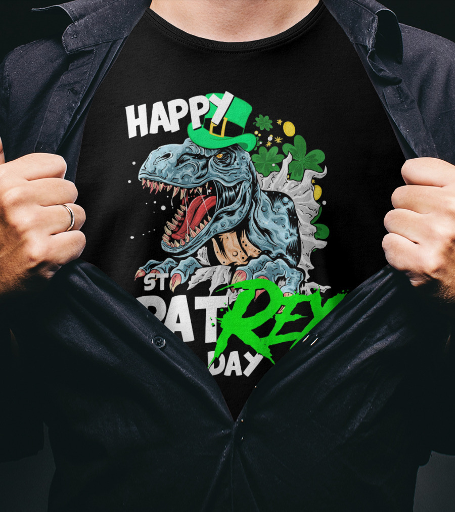 St Patricks Day Rex Happy Pat With Leprechaun Hat And Shamrocks T-Shirt