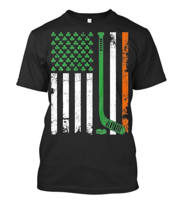 Irish American Flag Shamrock Hockey Stick T-Shirt