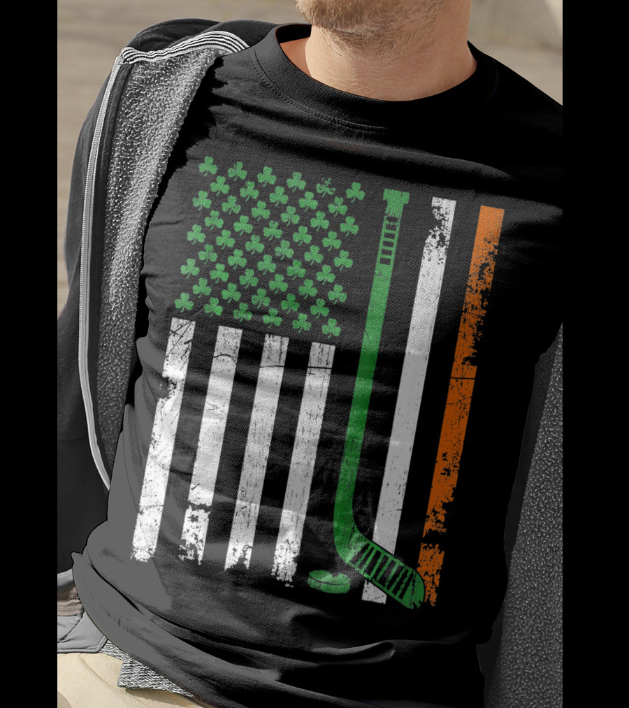 Irish American Flag Shamrock Hockey Stick T-Shirt