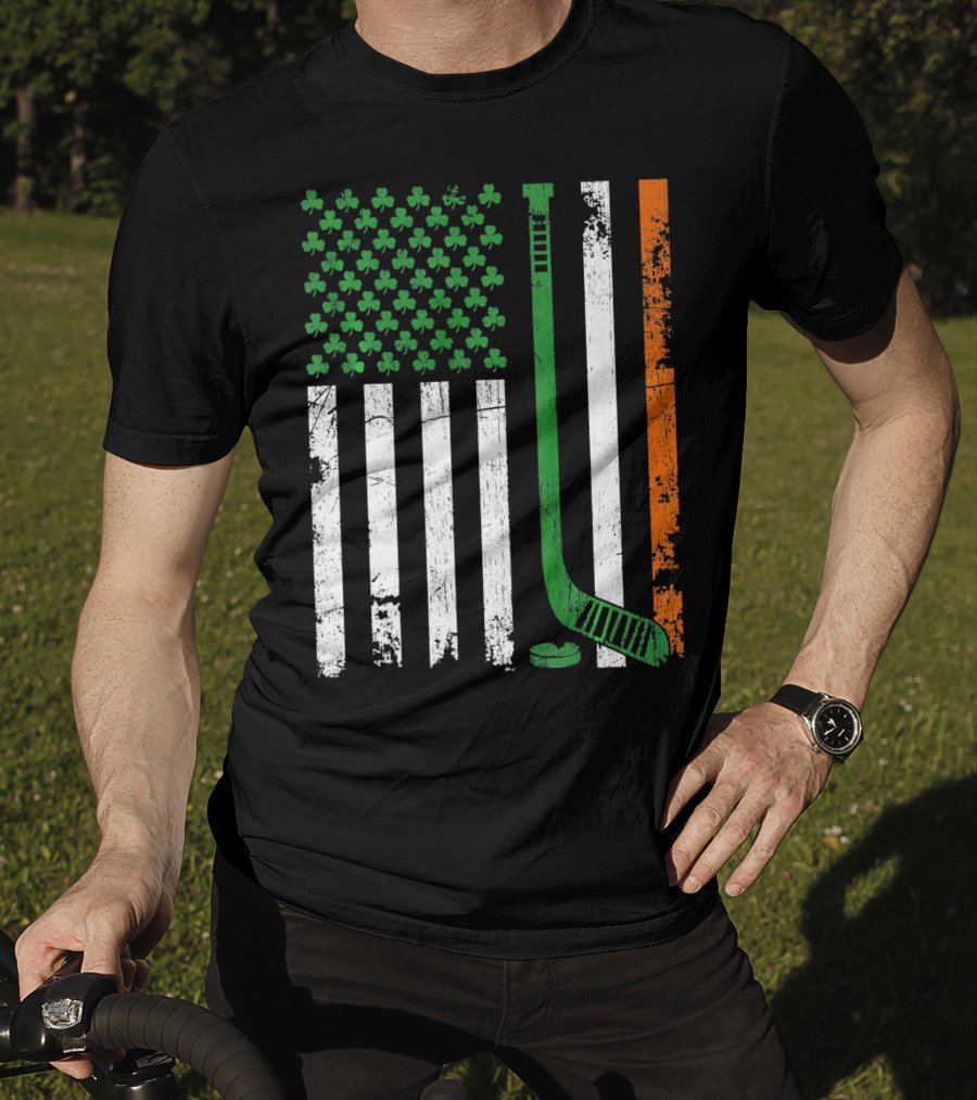 Irish American Flag Shamrock Hockey Stick T-Shirt