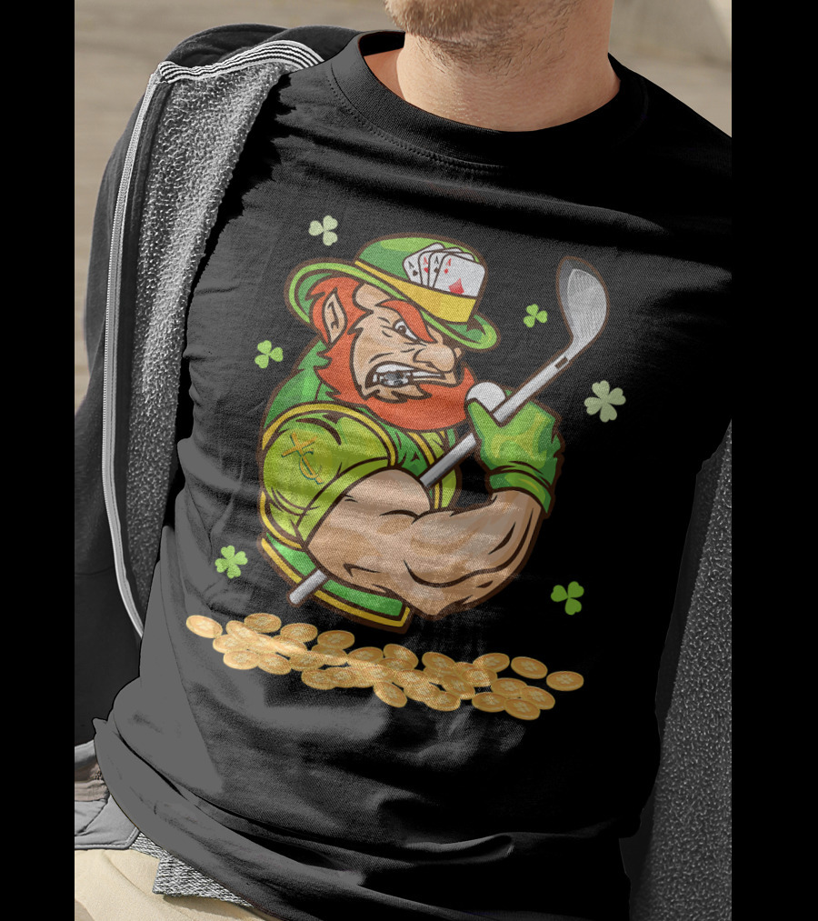 Leprechaun Swinging Golf Club Surrounded By Shamrocks And Gold Coins T-Shirt