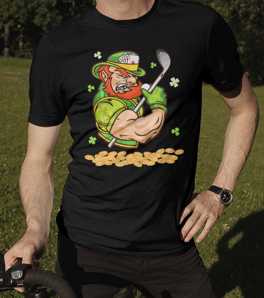 Leprechaun Swinging Golf Club Surrounded By Shamrocks And Gold Coins T-Shirt
