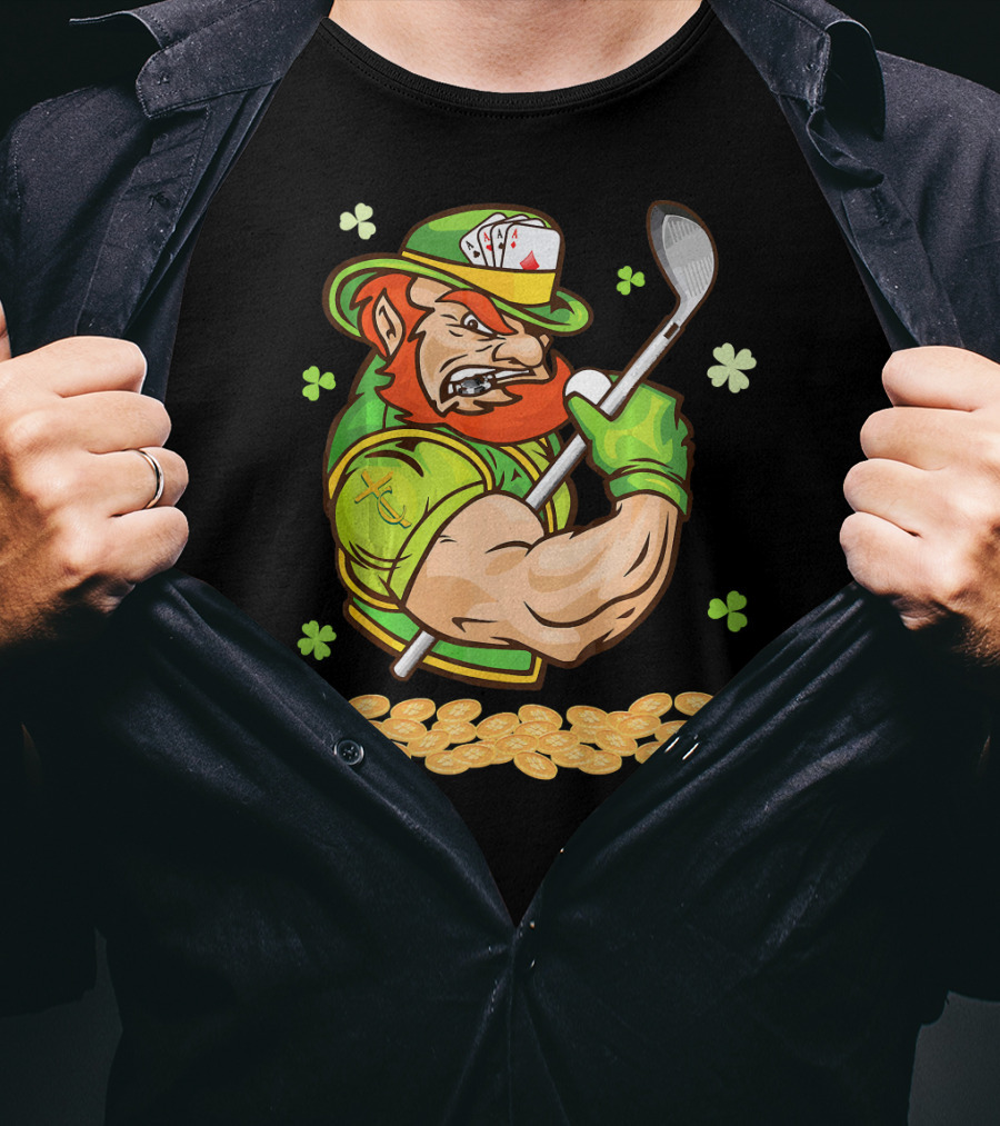 Leprechaun Swinging Golf Club Surrounded By Shamrocks And Gold Coins T-Shirt