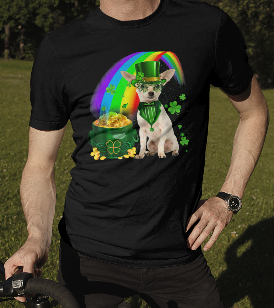 Chihuahua Irish Leprechaun With Shamrock And Rainbow Coin Pot T-Shirt