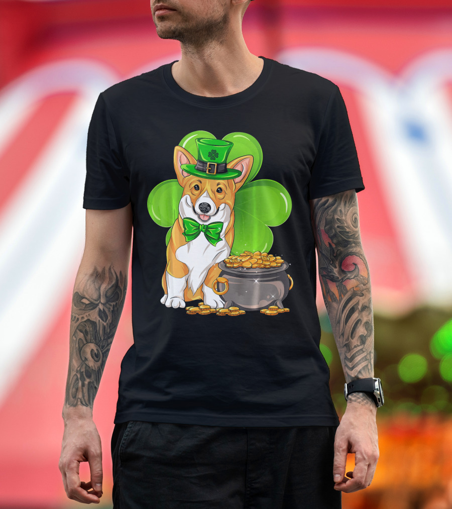 Pembroke Welsh Corgi St Patricks Day Leprechaun Hat Shamrock Pot of Gold T-Shirt