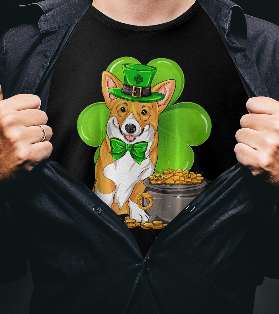 Pembroke Welsh Corgi St Patricks Day Leprechaun Hat Shamrock Pot Of Gold T-Shirt