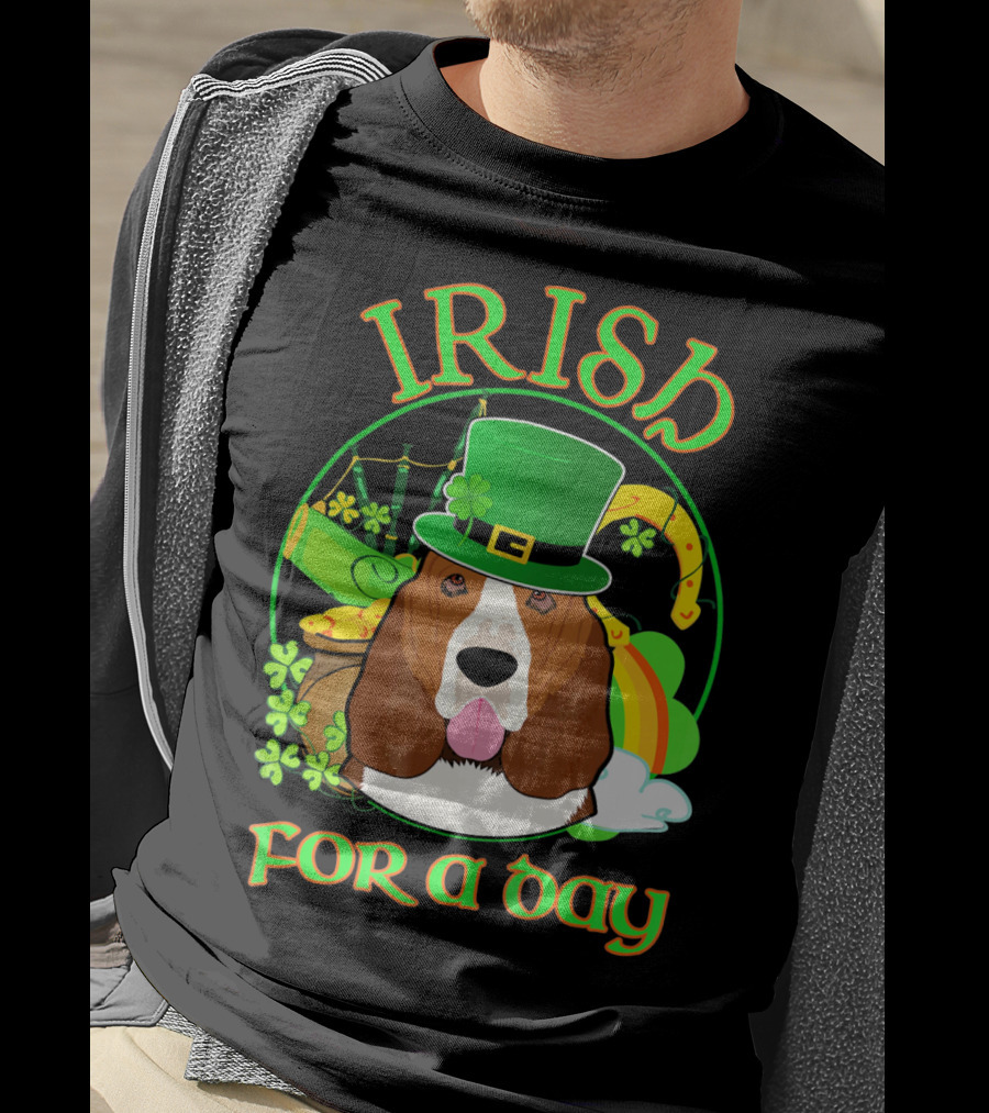 Irish For A Day Basset Hound Dog With Leprechaun Hat And Shamrocks T-Shirt