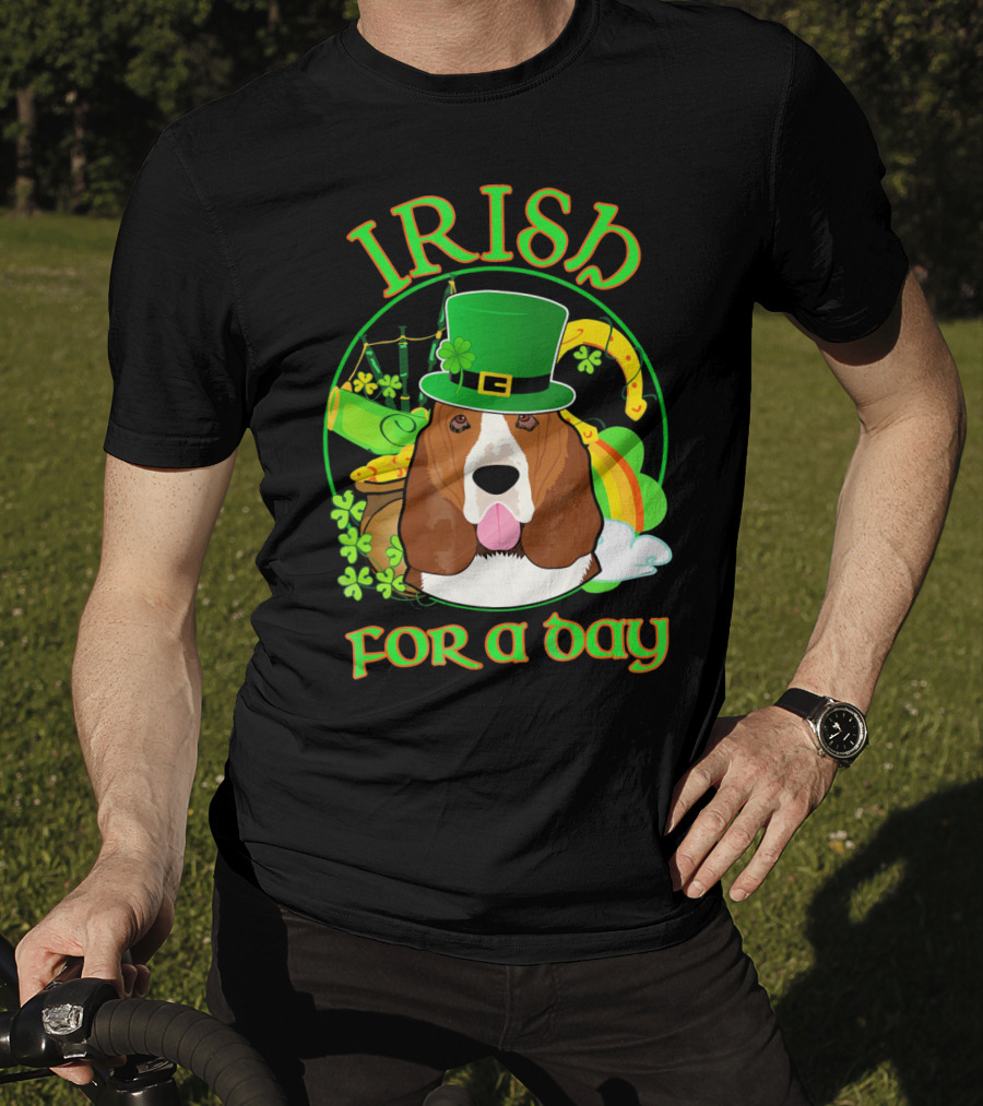Irish For A Day Basset Hound Dog With Leprechaun Hat And Shamrocks T-Shirt