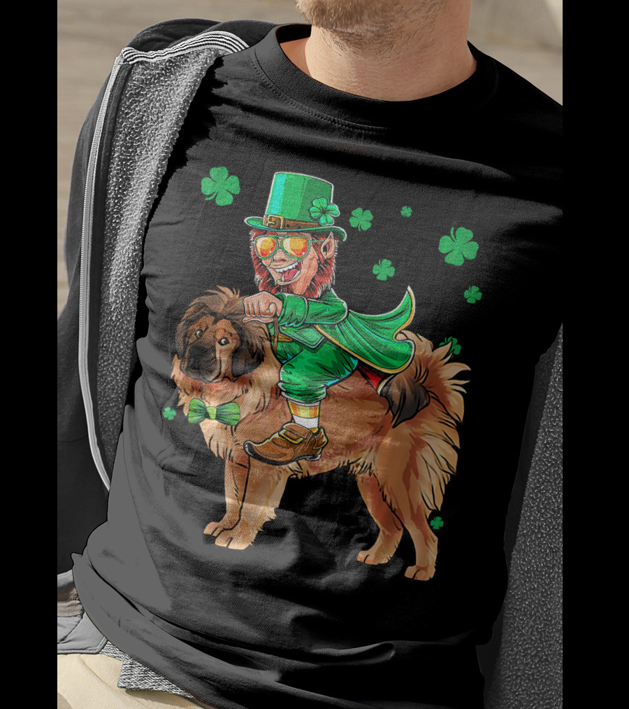 Leprechaun Riding Tibetan Mastiff With Shamrocks T-Shirt