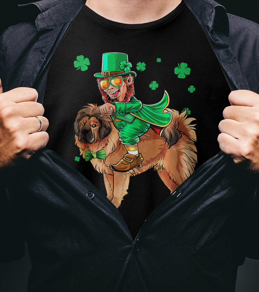 Leprechaun Riding Tibetan Mastiff With Shamrocks T-Shirt