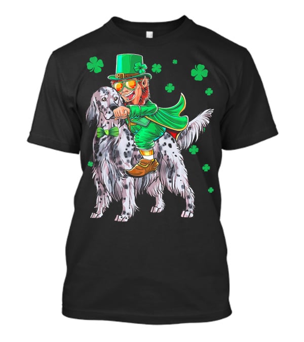 Leprechaun Riding English Setter With Shamrocks T-Shirt
