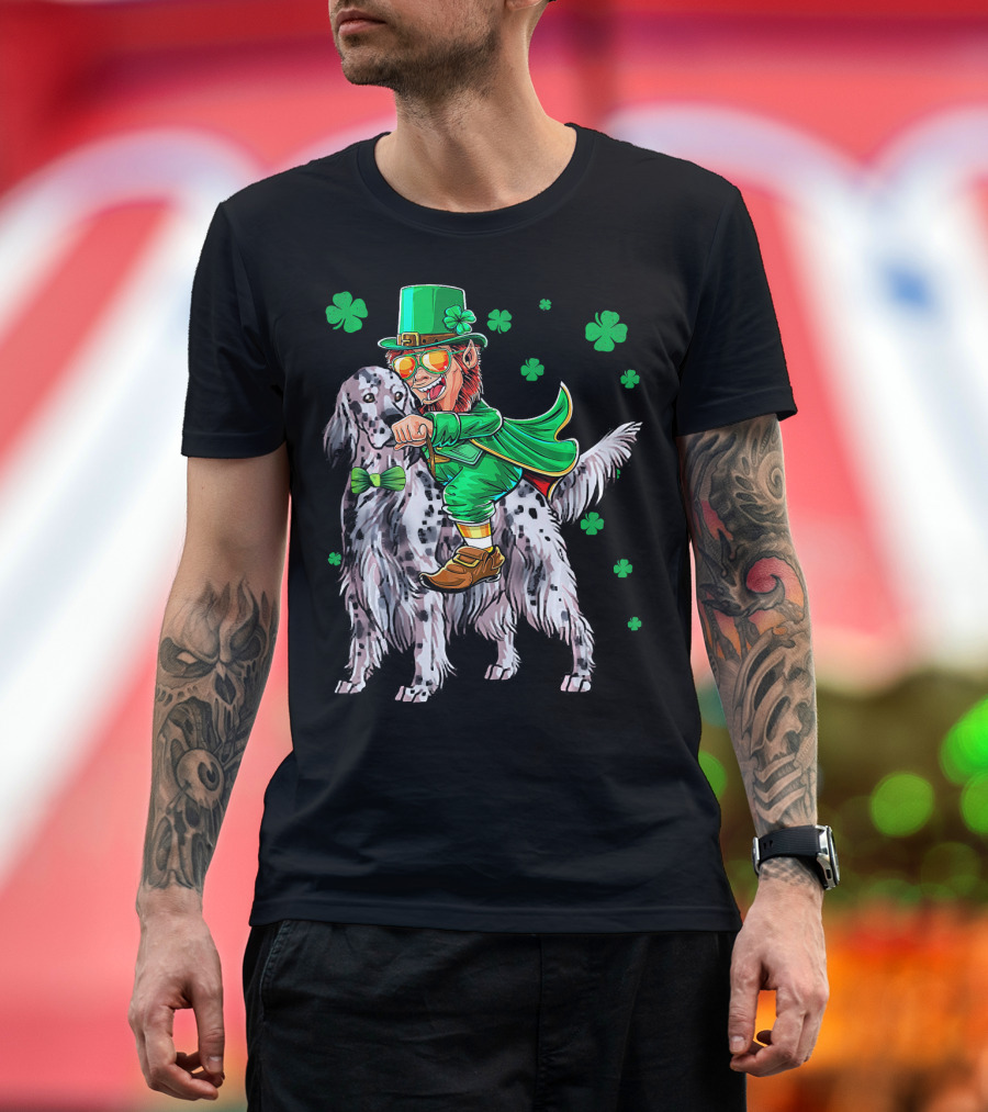 Leprechaun Riding English Setter with Shamrocks T-Shirt