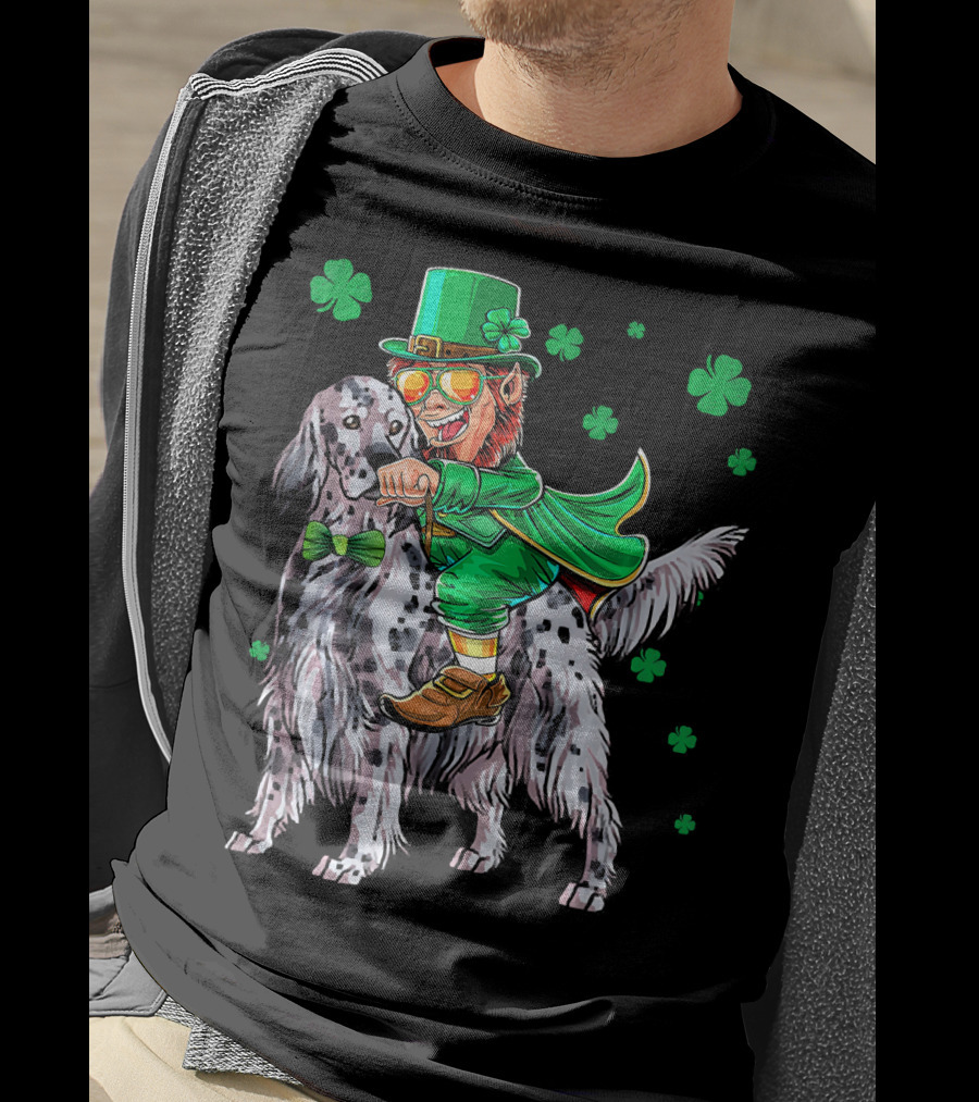 Leprechaun Riding English Setter With Shamrocks T-Shirt