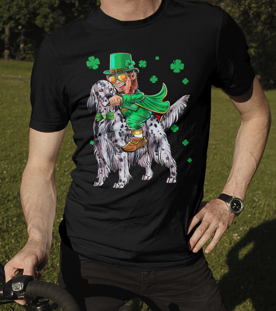 Leprechaun Riding English Setter With Shamrocks T-Shirt