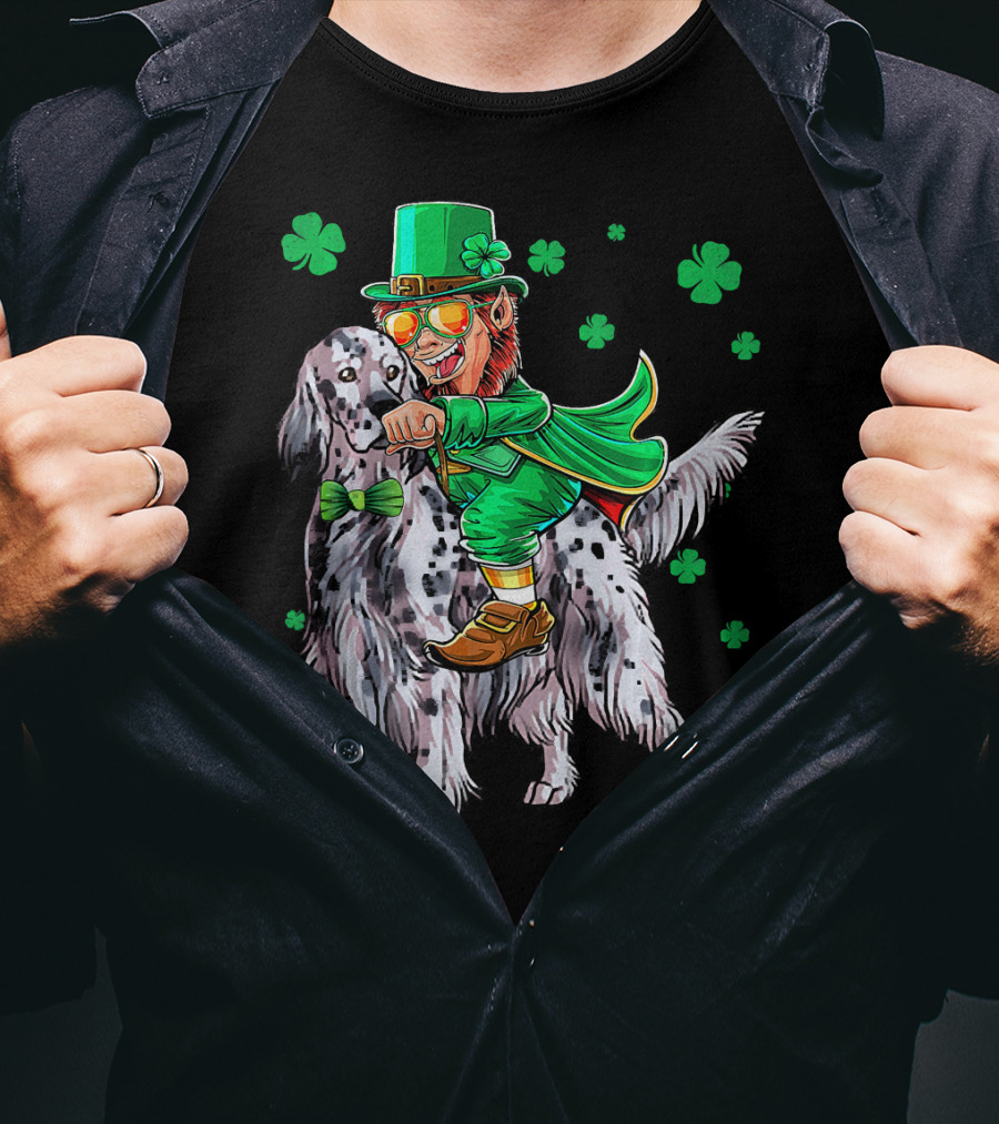 Leprechaun Riding English Setter With Shamrocks T-Shirt