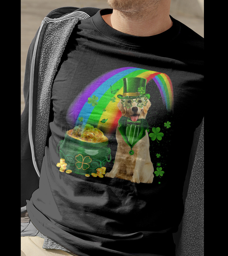 Golden Retrievers Dog Irish Leprechaun Rainbow Gold T-Shirt