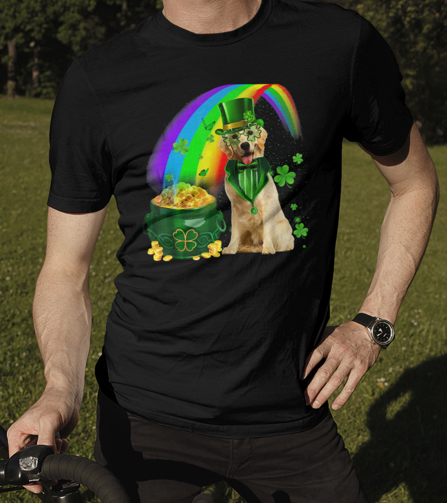 Golden Retrievers Dog Irish Leprechaun Rainbow Gold T-Shirt