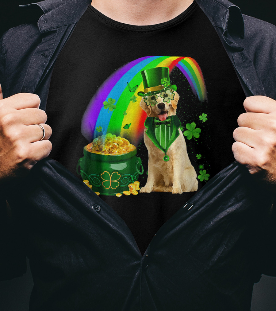 Golden Retrievers Dog Irish Leprechaun Rainbow Gold T-Shirt