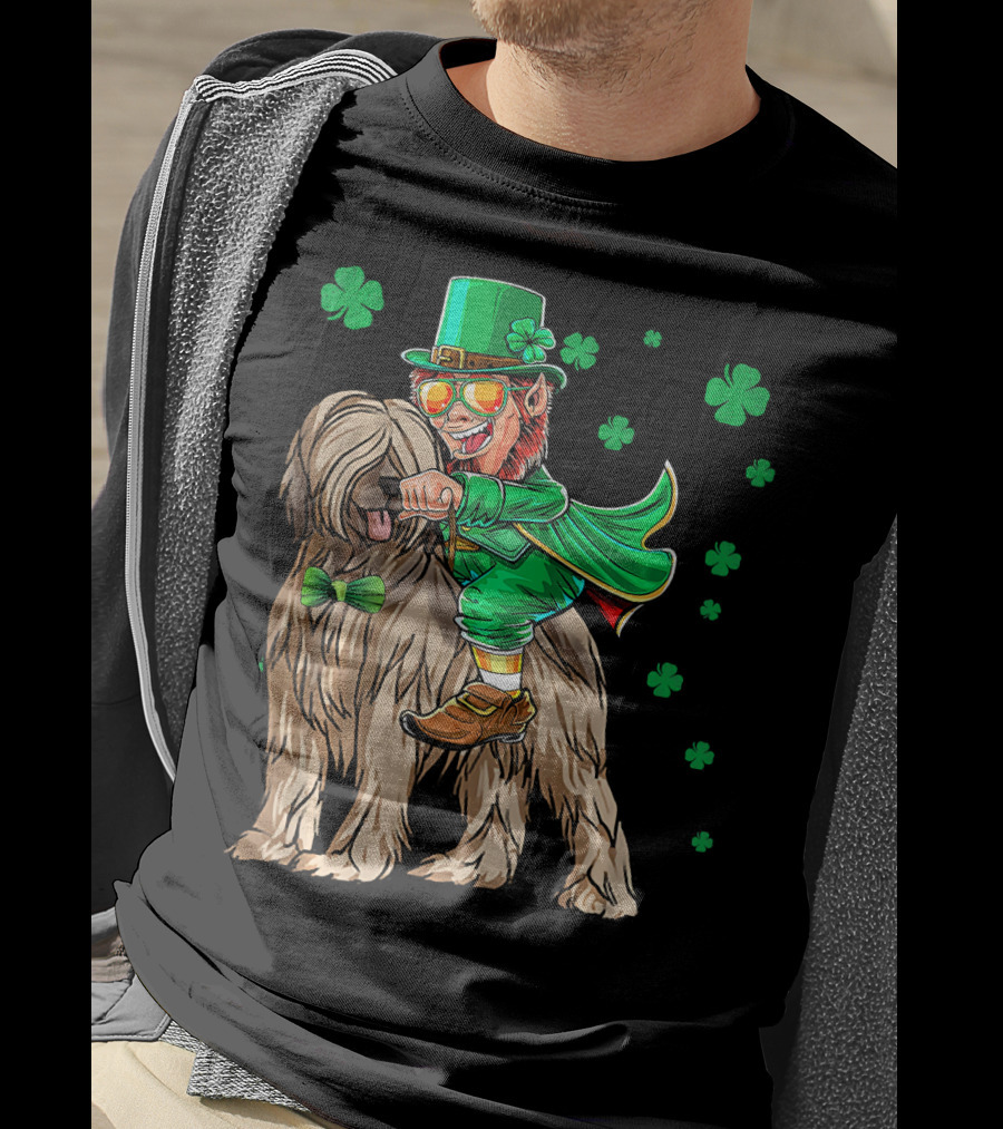 Leprechaun With Briard Surrounded By Shamrocks For St. Patrick's Day T-Shirt