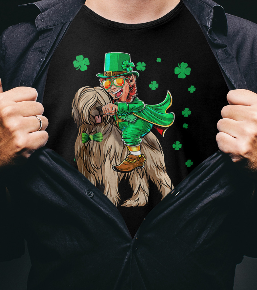 Leprechaun With Briard Surrounded By Shamrocks For St. Patrick's Day T-Shirt