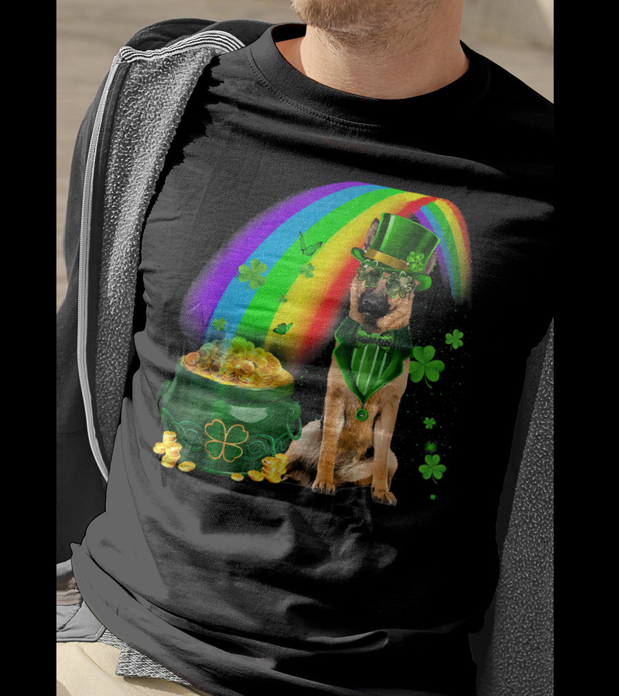 German Shepherd Irish Leprechaun Rainbow Pot Of Gold Shamrock T-Shirt