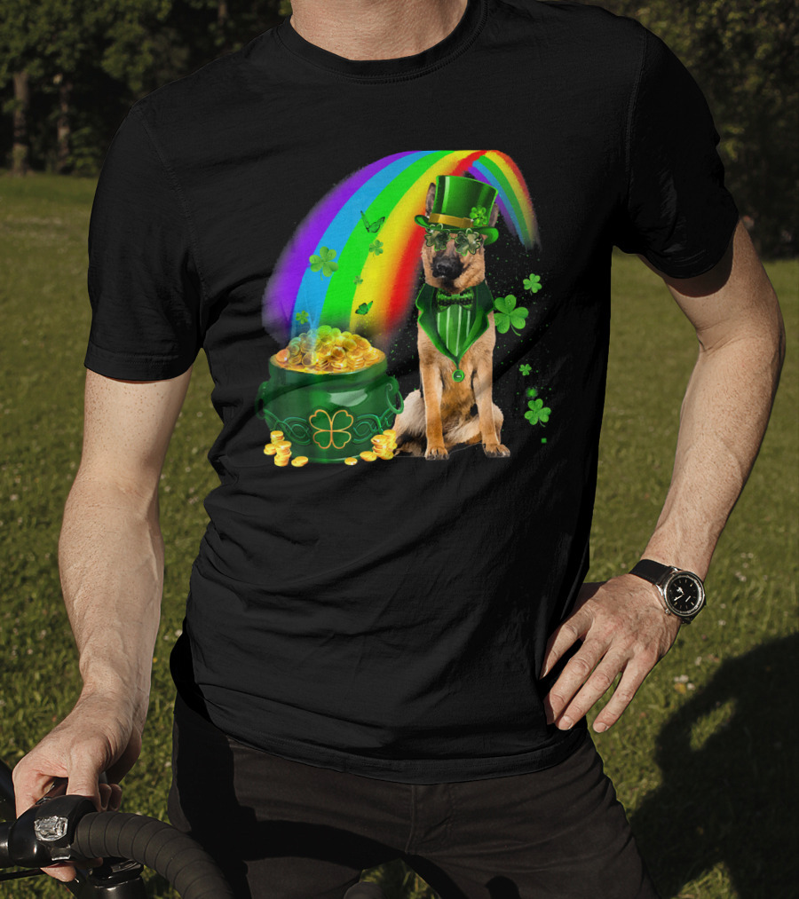German Shepherd Irish Leprechaun Rainbow Pot Of Gold Shamrock T-Shirt