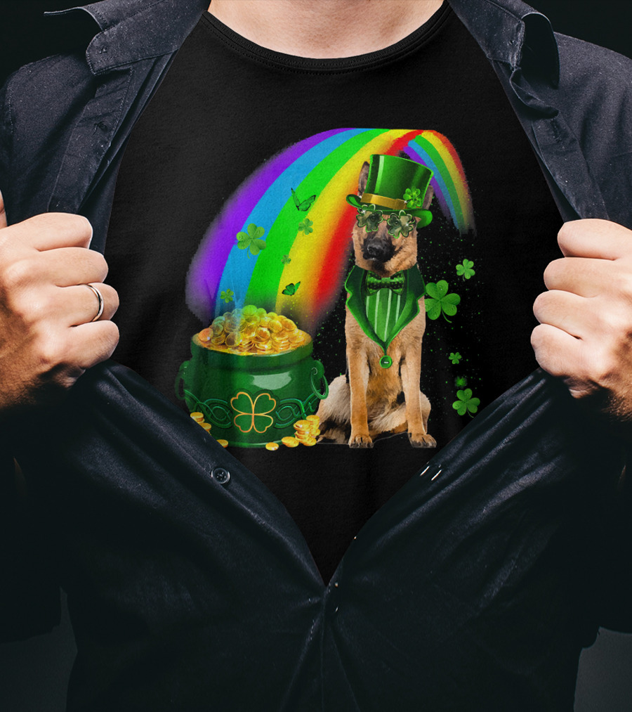 German Shepherd Irish Leprechaun Rainbow Pot Of Gold Shamrock T-Shirt