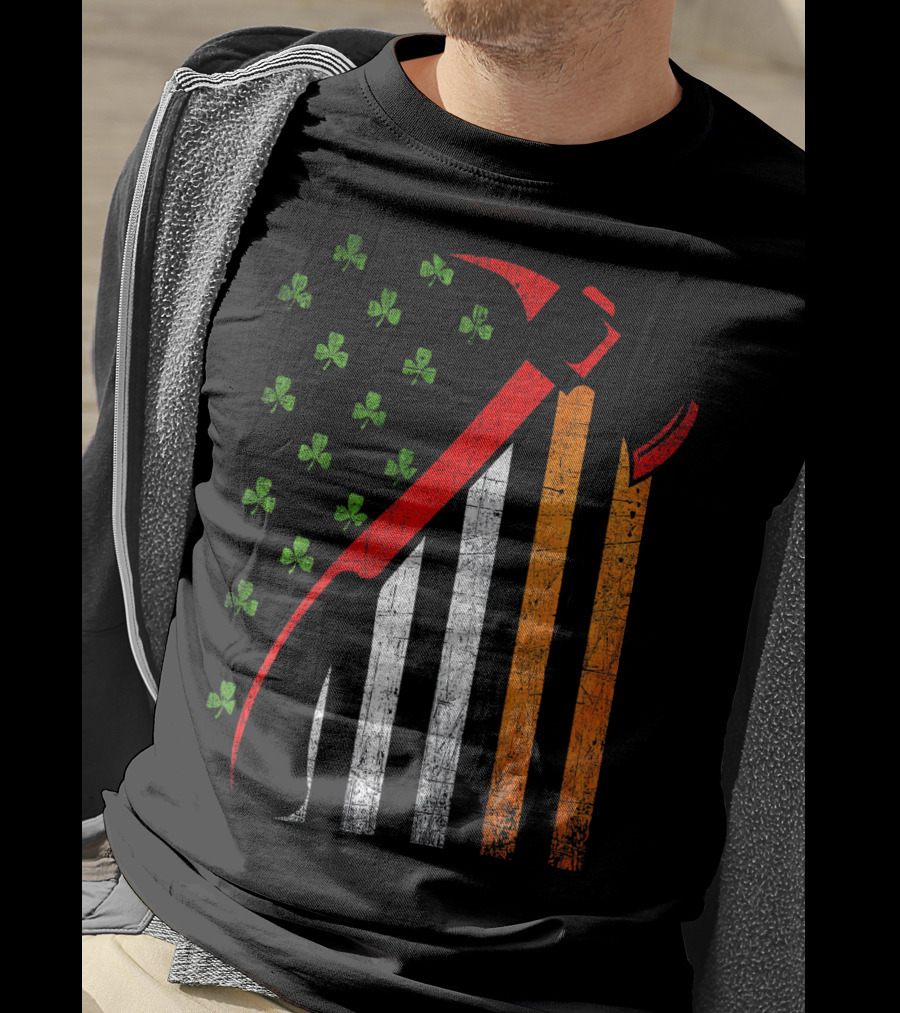 Firefighter Irish American Flag St Patrick's Day Axe Shamrock T-Shirt