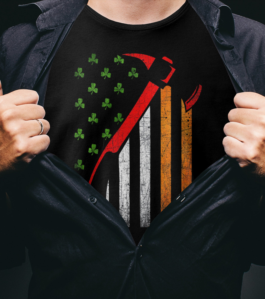 Firefighter Irish American Flag St Patrick's Day Axe Shamrock T-Shirt