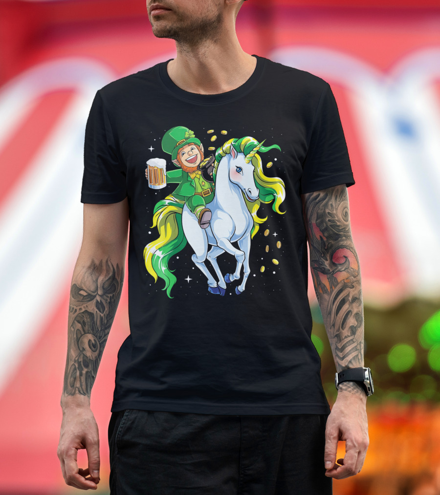 Leprechaun Riding Unicorn with Beer and Coins T-Shirt