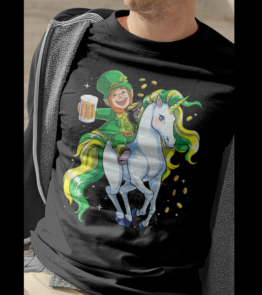 Leprechaun Riding Unicorn With Beer And Coins T-Shirt
