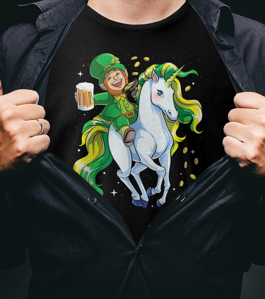 Leprechaun Riding Unicorn With Beer And Coins T-Shirt