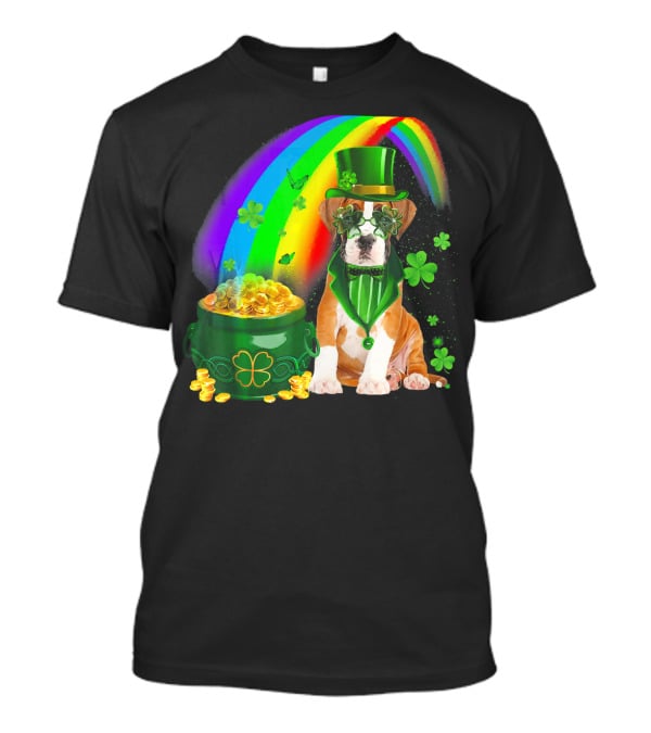 Boxer Dog Irish Leprechaun Coin Rainbow Clover Saint Patrick's Day T-Shirt