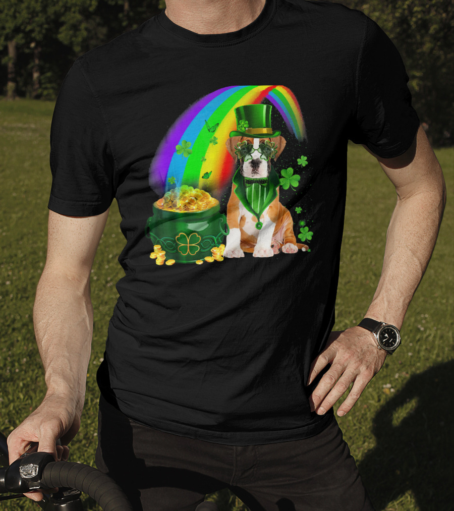 Boxer Dog Irish Leprechaun Coin Rainbow Clover Saint Patrick's Day T-Shirt