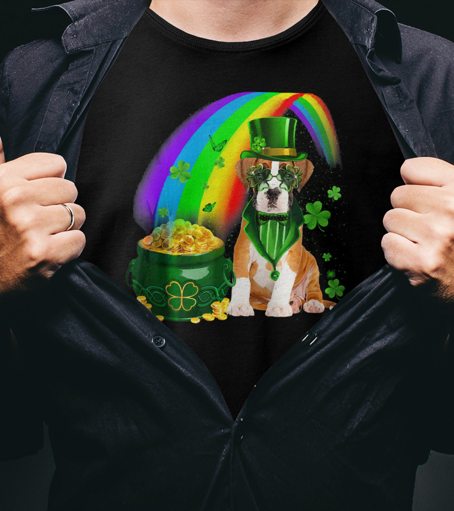Boxer Dog Irish Leprechaun Coin Rainbow Clover Saint Patrick's Day T-Shirt