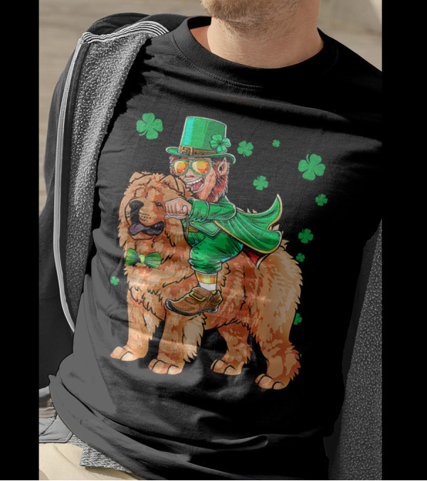 Leprechaun Riding Chow Chow With Shamrocks St. Patrick's Day T-Shirt