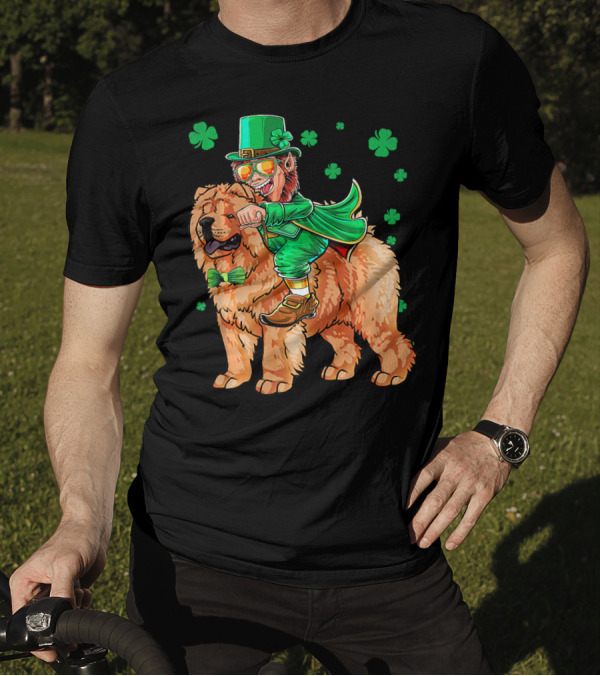 Leprechaun Riding Chow Chow With Shamrocks St. Patrick's Day T-Shirt